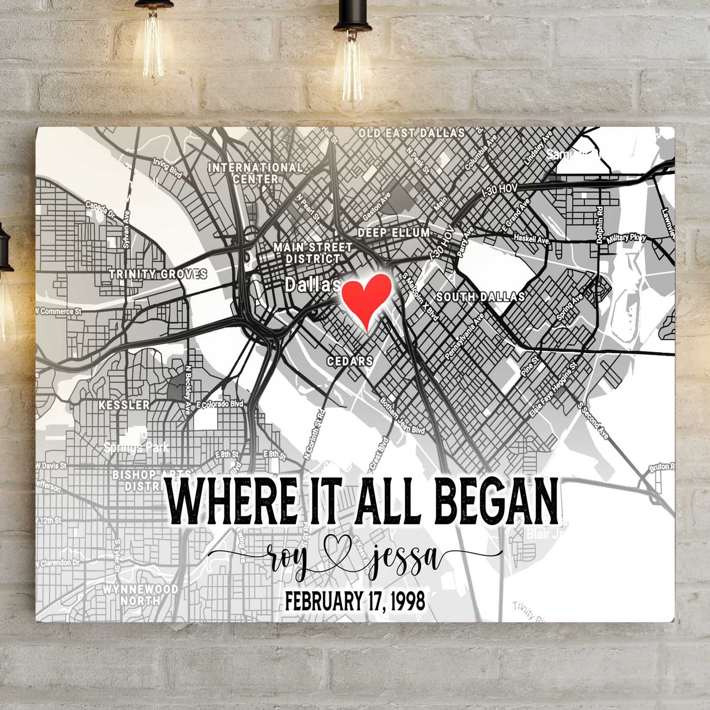 Couple Street Map Sign canvas by Tailored Canvases, grayscale Dallas map with a red heart on Tampa Home & Garden Store