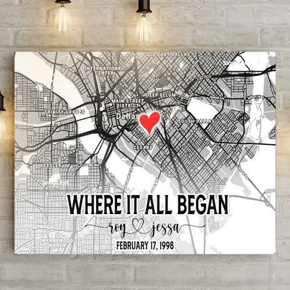 Couple Street Map Sign canvas by Tailored Canvases, grayscale Dallas map with a red heart on Tampa Home & Garden Store