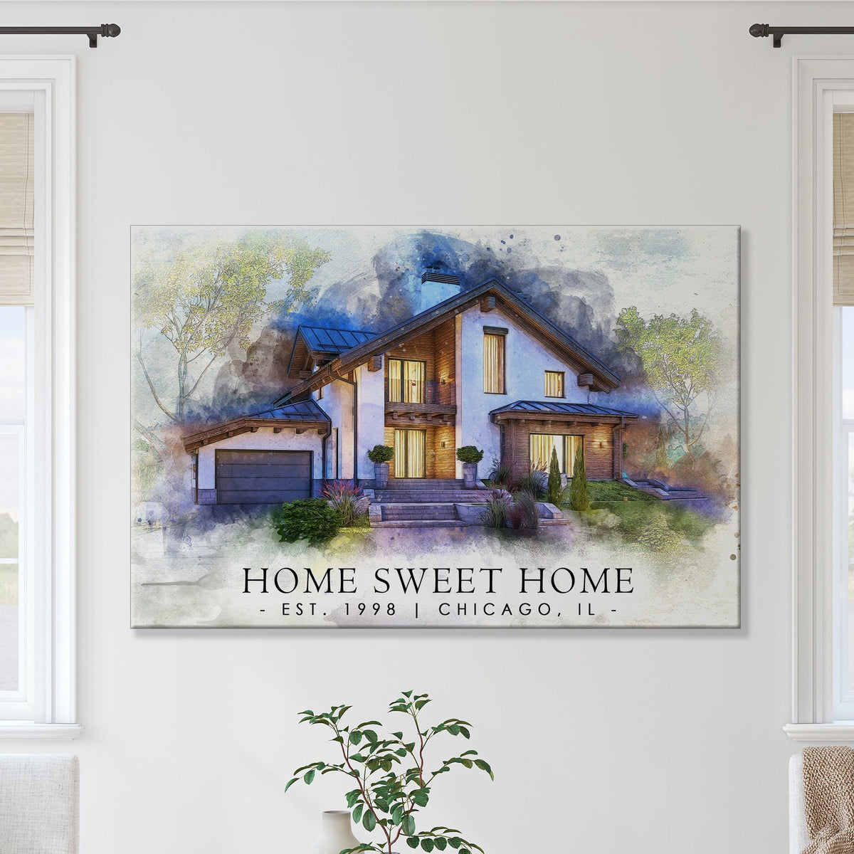 Home Sweet Home watercolor canvas by Tailored Canvases, cozy house scene on Tampa Home & Garden Store