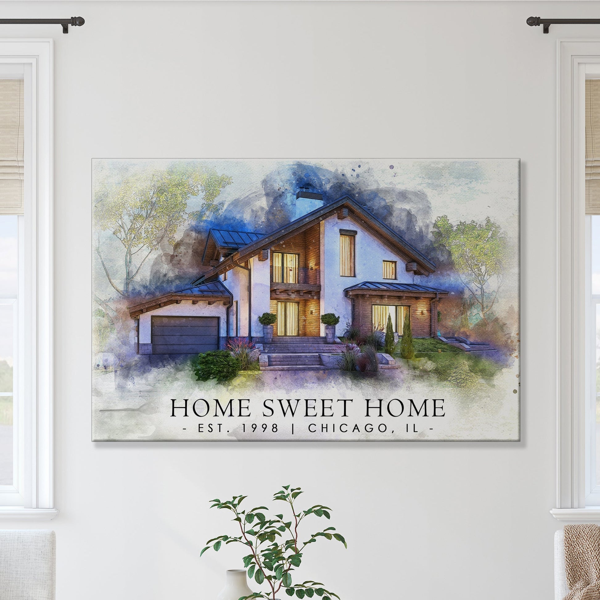 Home Sweet Home watercolor canvas by Tailored Canvases, cozy house scene on Tampa Home & Garden Store