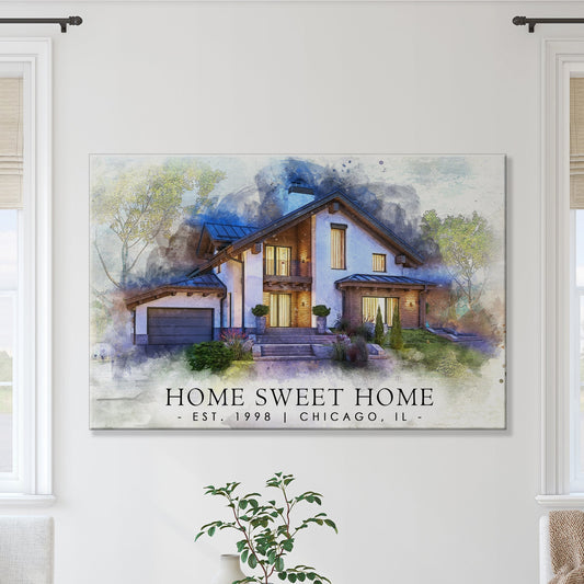 Home Sweet Home watercolor canvas by Tailored Canvases, cozy house scene on Tampa Home & Garden Store
