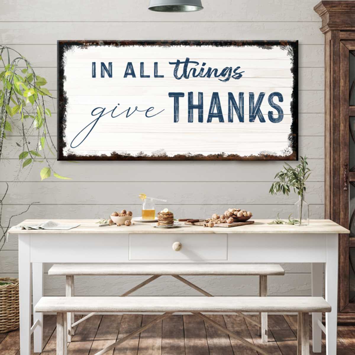 In All Things Give Thanks Sign II canvas on white distressed wood with a rustic dark frame on Tampa Home & Garden Store