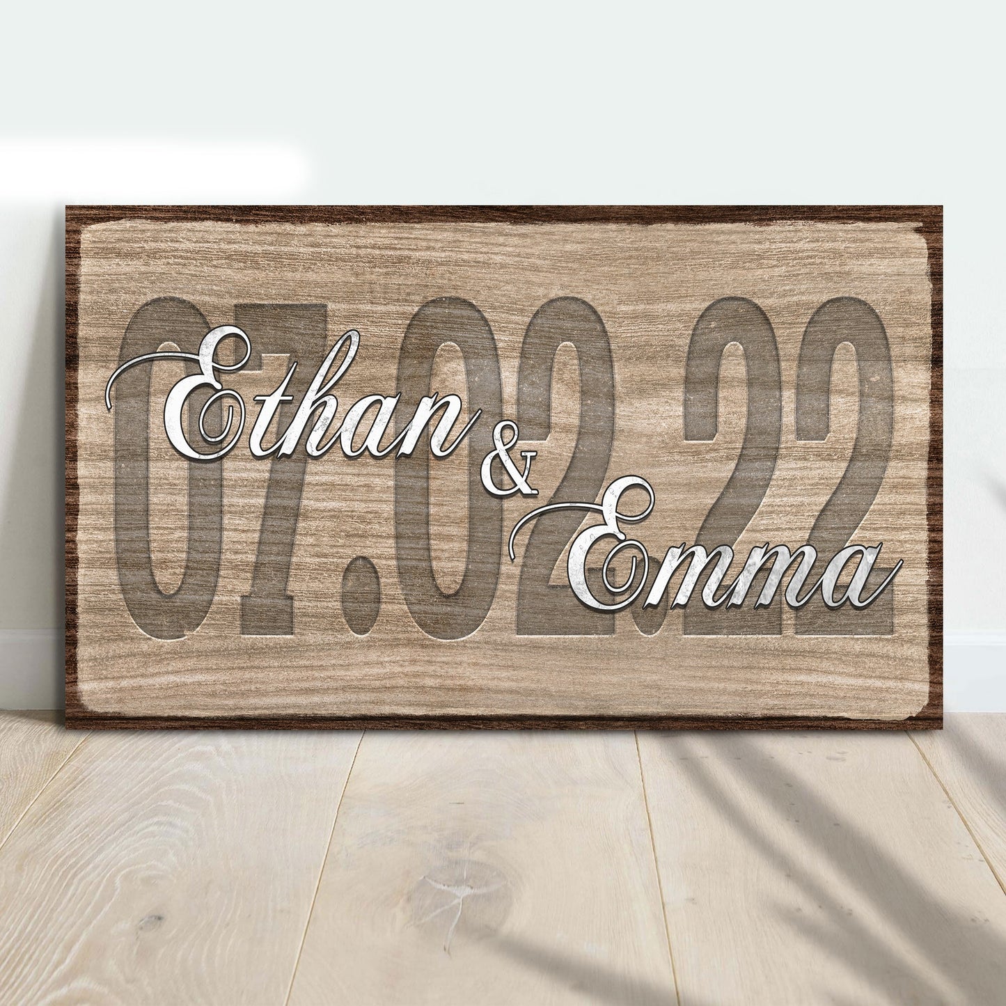 Rustic wood-grain canvas sign with a wedding date in white cursive by Tailored Canvases on Tampa Home & Garden Store