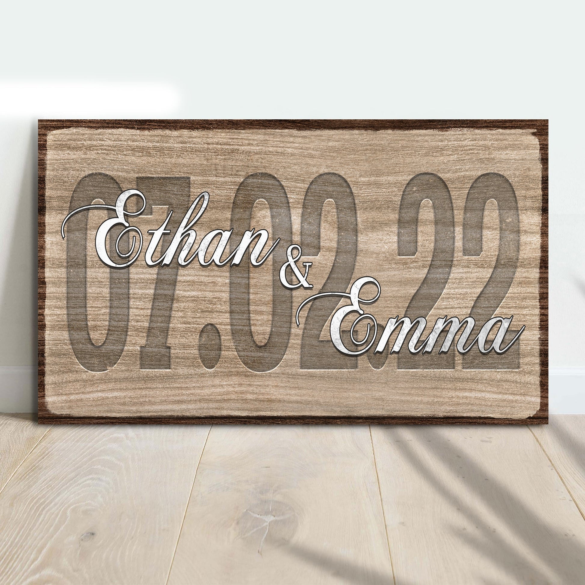 Rustic wood-grain canvas sign with a wedding date in white cursive by Tailored Canvases on Tampa Home & Garden Store