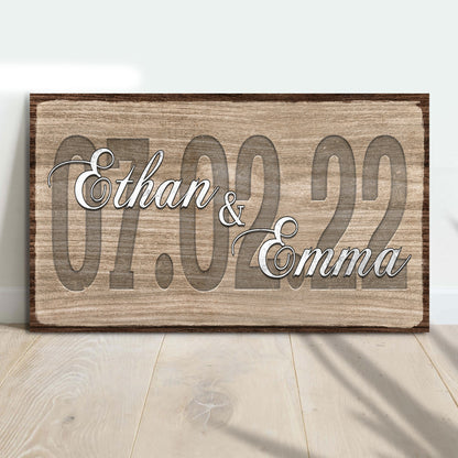 Rustic wood-grain canvas sign with a wedding date in white cursive by Tailored Canvases on Tampa Home & Garden Store