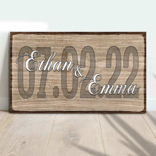 Rustic wood-grain canvas sign with a wedding date in white cursive by Tailored Canvases on Tampa Home & Garden Store