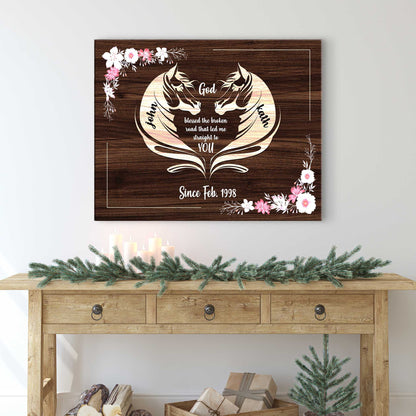 Horse Couple Sign II canvas with woodgrain backdrop and cream heart design Tailored Canvases on Tampa Home & Garden Store