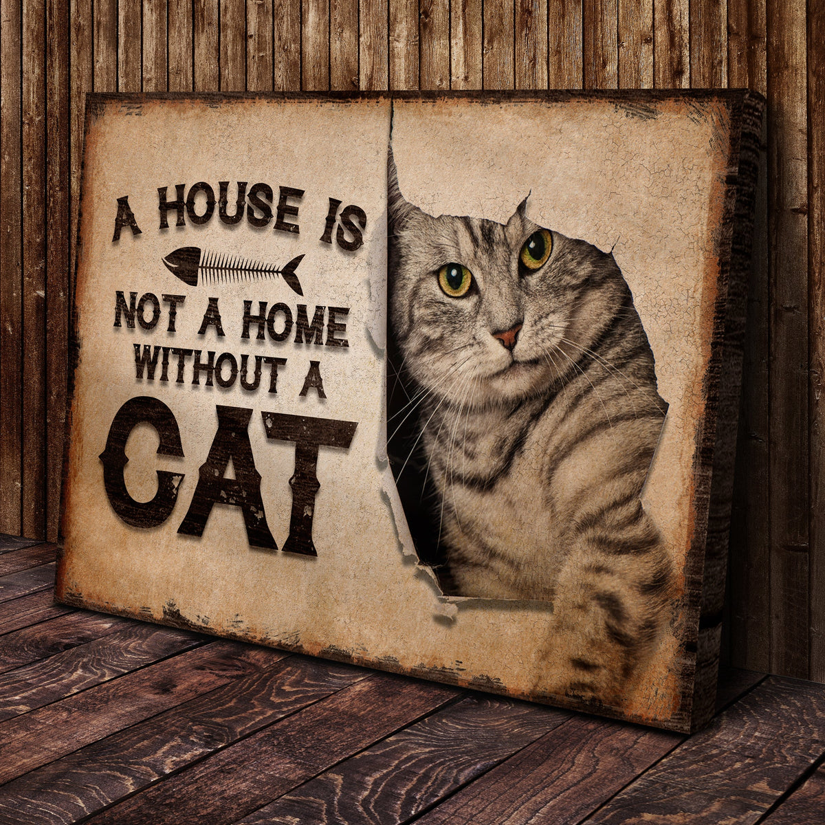 Canvas sign A House Is Not A Home Without A Cat by Tailored Canvases with parchment texture on Tampa Home & Garden Store