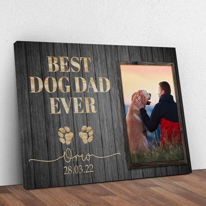 Best Dog Dad Ever Sign II canvas with gold lettering on dark wood plank on Tampa Home & Garden Store