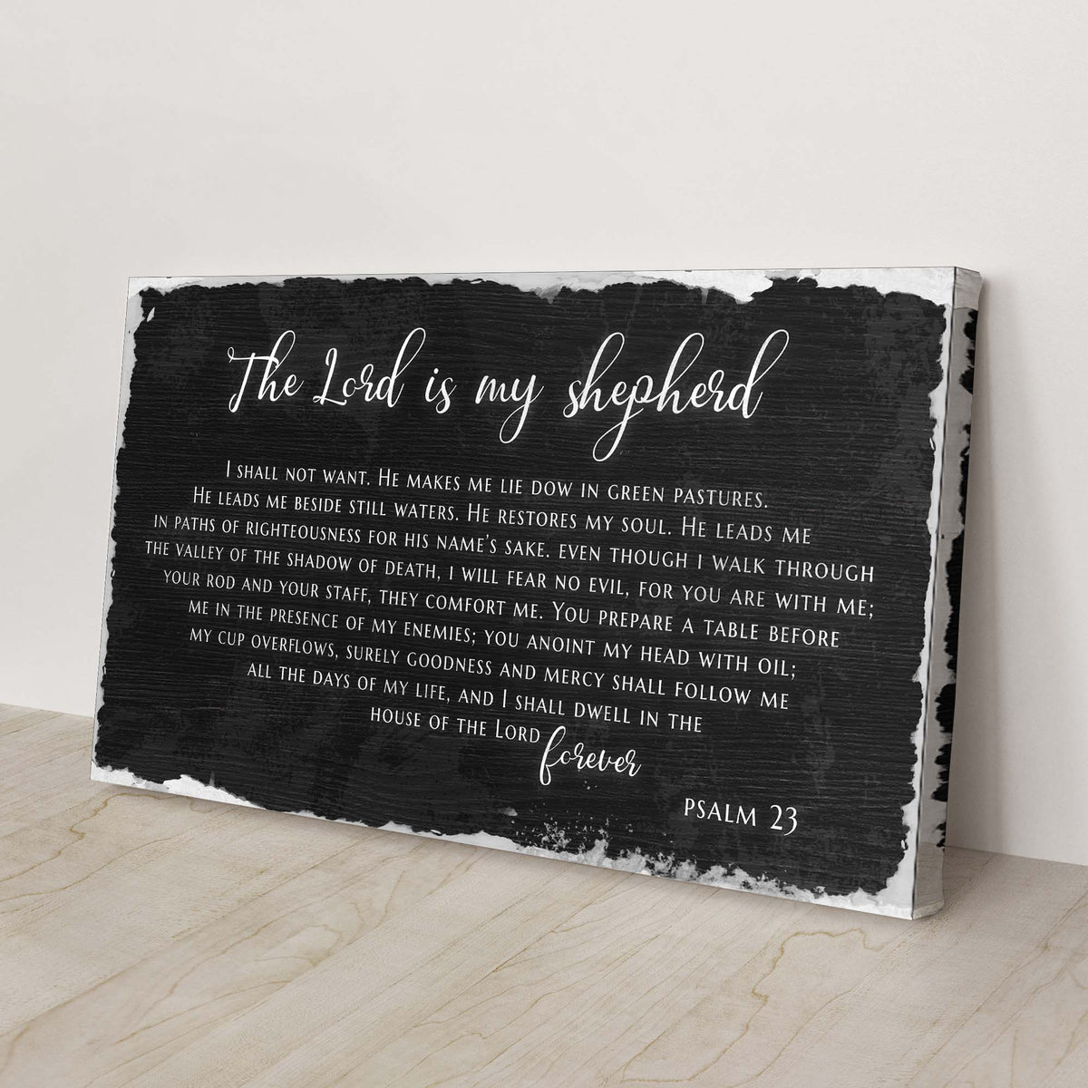 Psalm 23 The Lord Is My Shepherd Sign IV canvas; black canvas with white script on Tampa Home & Garden Store