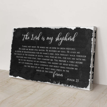 Psalm 23 The Lord Is My Shepherd Sign IV canvas; black canvas with white script on Tampa Home & Garden Store