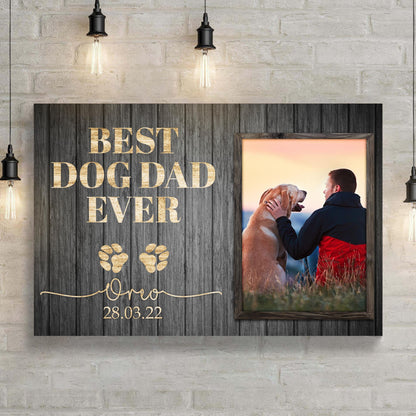 Best Dog Dad Ever Sign II canvas on dark wood plaque with gold lettering and dog photo on Tampa Home & Garden Store