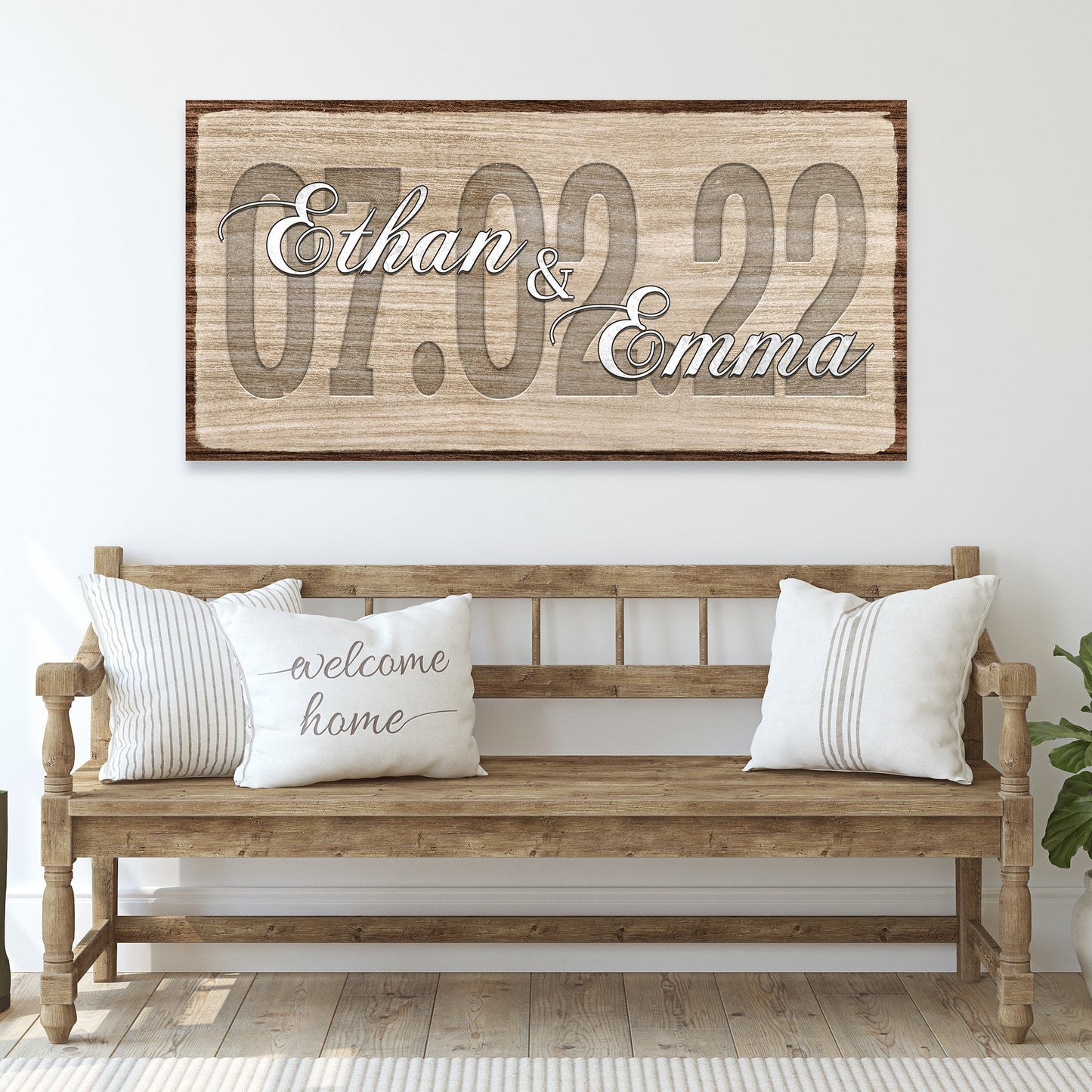 Couple wedding date sign canvas with rustic wood background and cursive names Ethan & Emma on Tampa Home & Garden Store