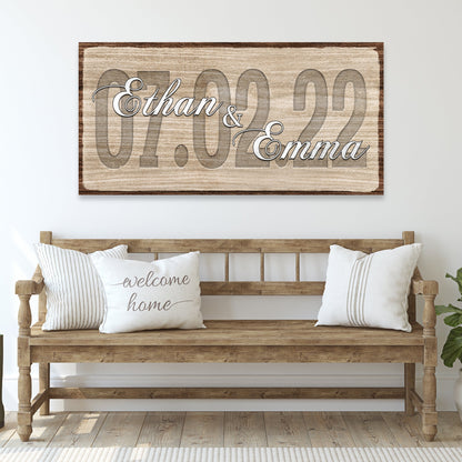 Couple wedding date sign canvas with rustic wood background and cursive names Ethan & Emma on Tampa Home & Garden Store