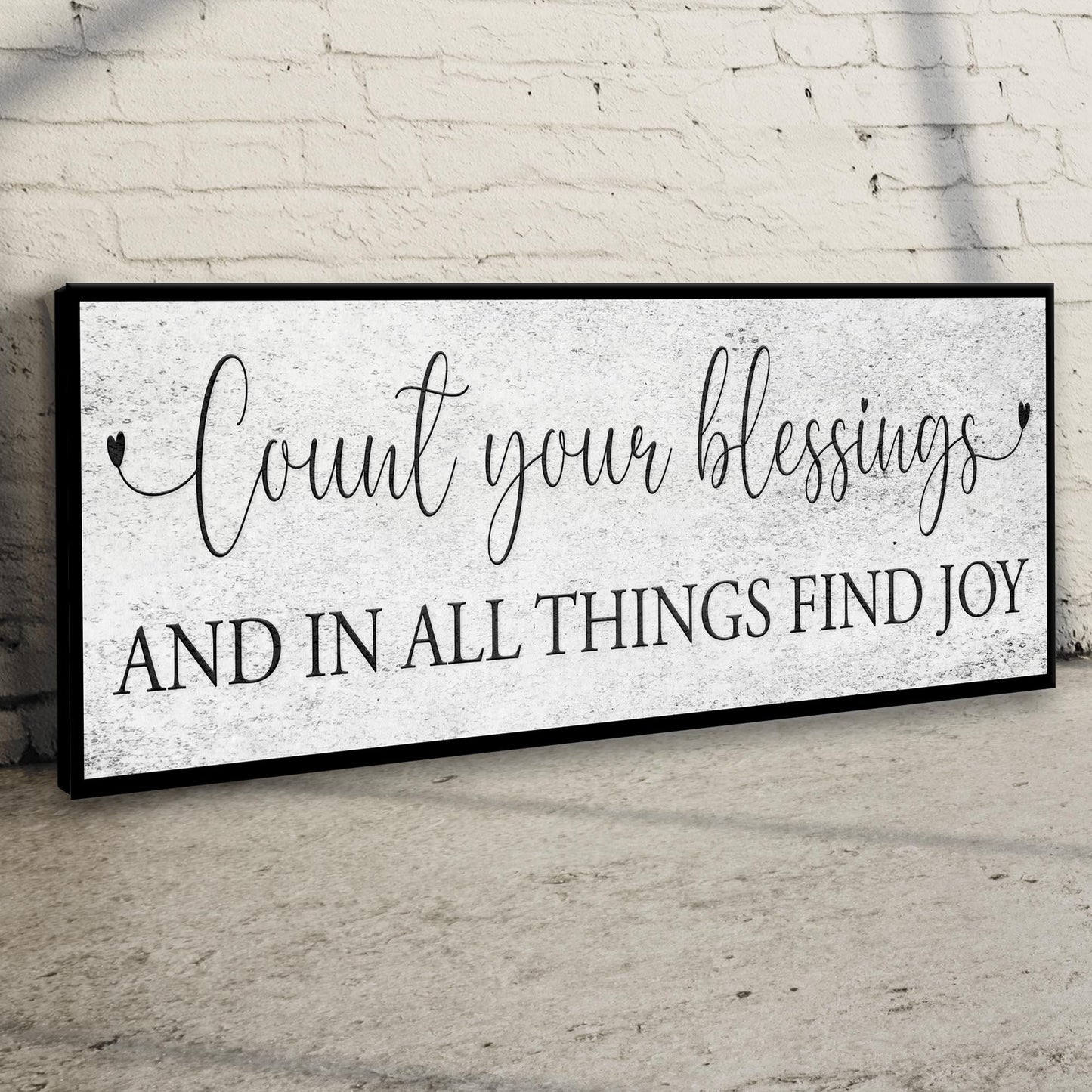 Count Your Blessings canvas sign by Tailored Canvases, black frame, white textured backdrop on Tampa Home & Garden Store