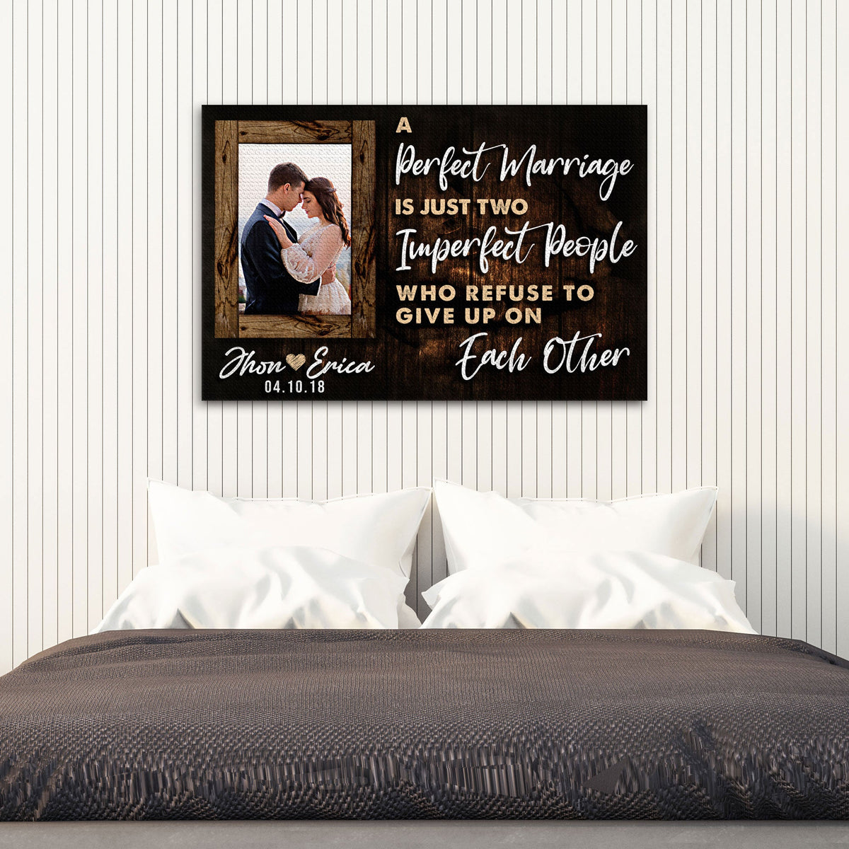Canvas sign with rustic wood frame, photo inset and scripted marriage quote Tailored Canvases on Tampa Home & Garden Store