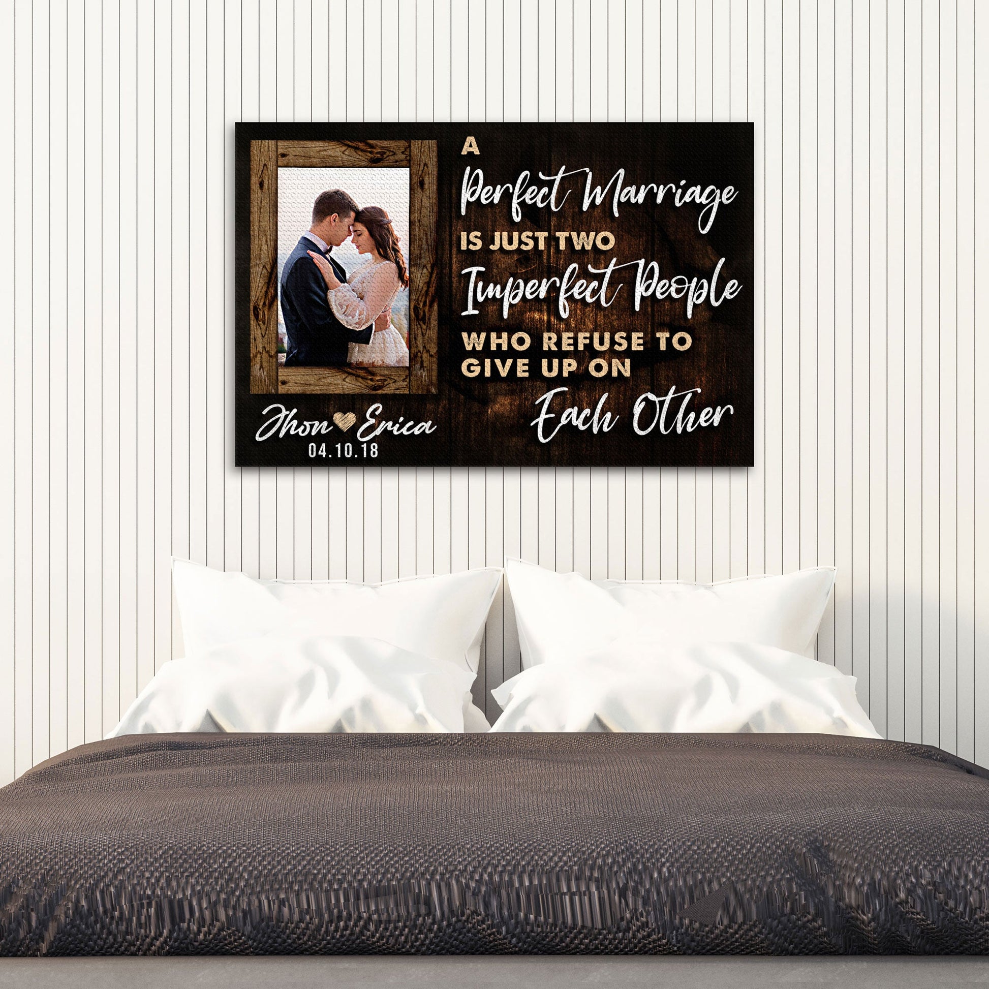 Canvas sign with rustic wood frame, photo inset and scripted marriage quote Tailored Canvases on Tampa Home & Garden Store