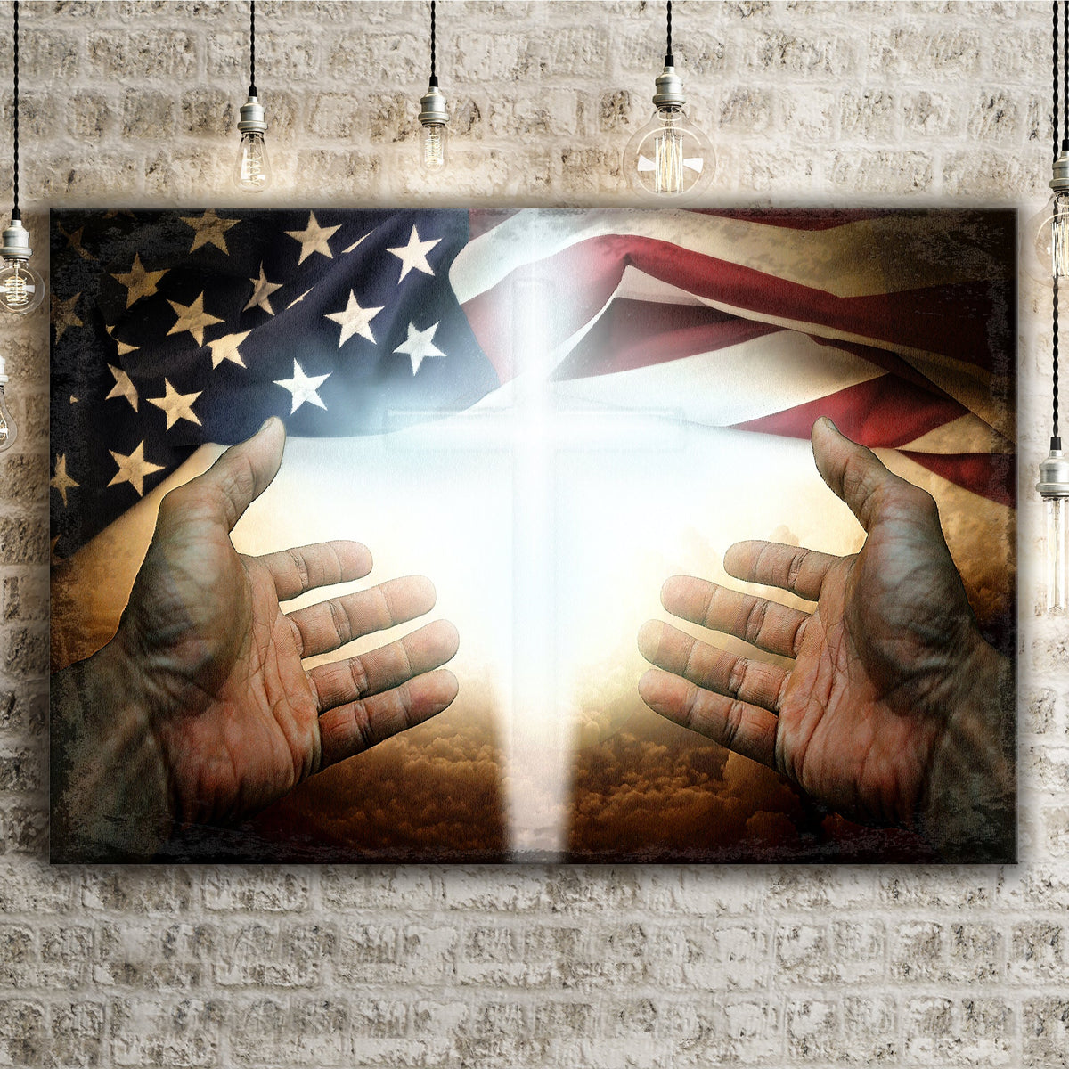 American Faith Canvas Wall Art by Tailored Canvases, patriotic flag on canvas held by hands on Tampa Home & Garden Store
