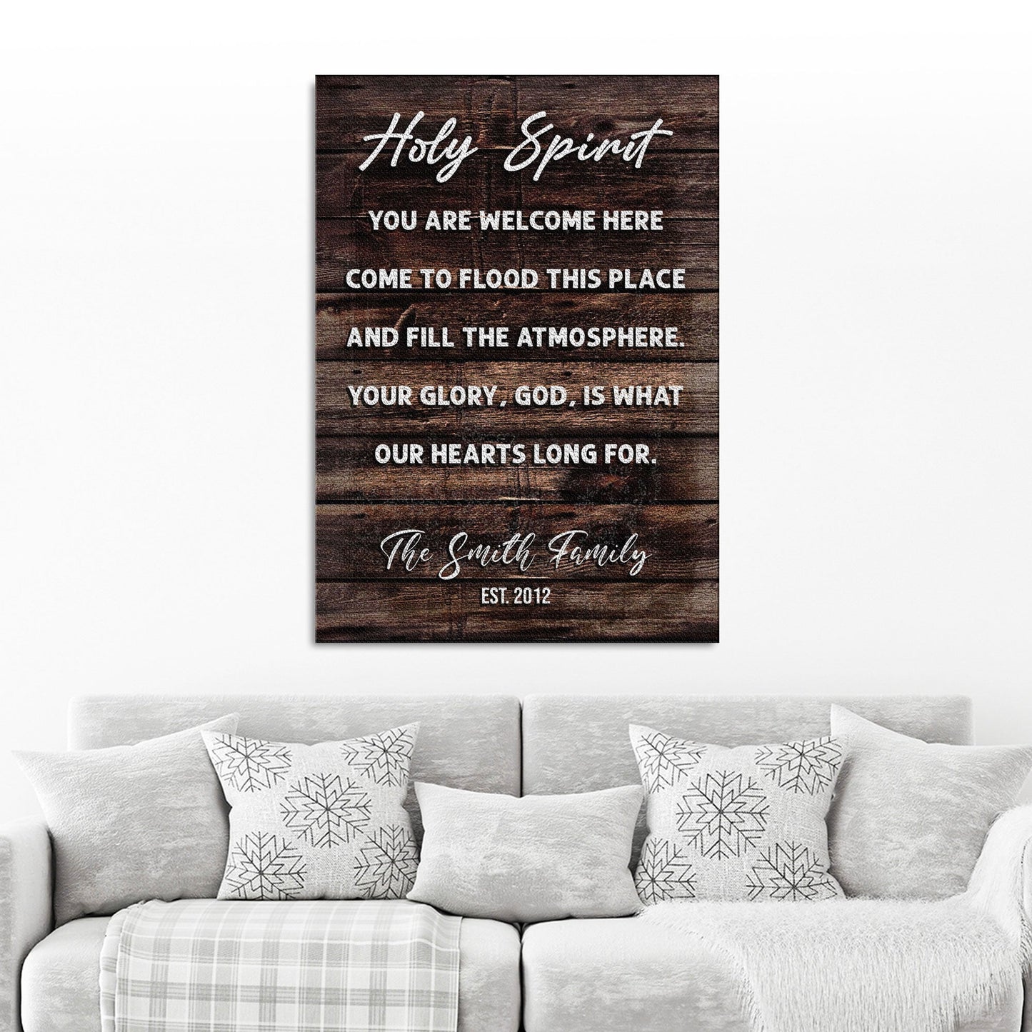 Canvas sign on dark wood with Holy Spirit You Are Welcome Here by Tailored Canvases on Tampa Home & Garden Store