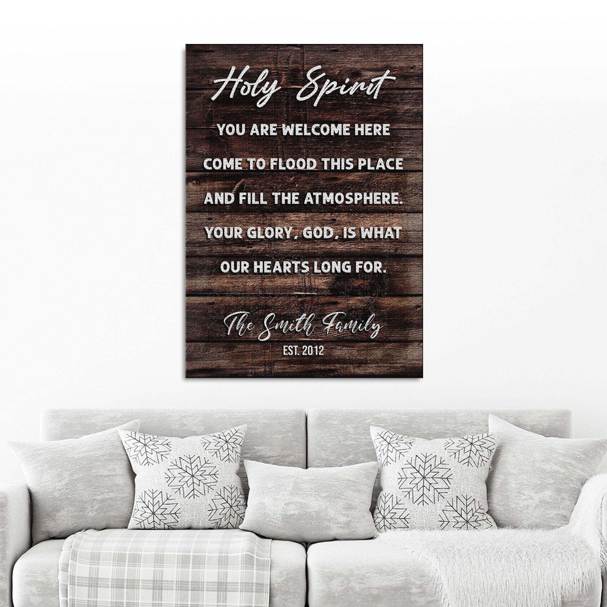 Canvas sign on dark wood with Holy Spirit You Are Welcome Here by Tailored Canvases on Tampa Home & Garden Store
