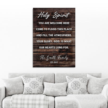 Canvas sign on dark wood with Holy Spirit You Are Welcome Here by Tailored Canvases on Tampa Home & Garden Store