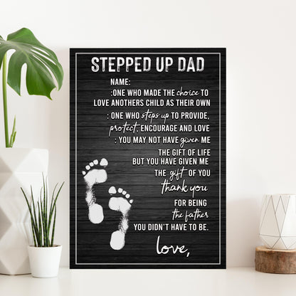 Stepped Up Dad canvas sign, black woodgrain with white chalk text, Tailored Canvases on Tampa Home & Garden Store