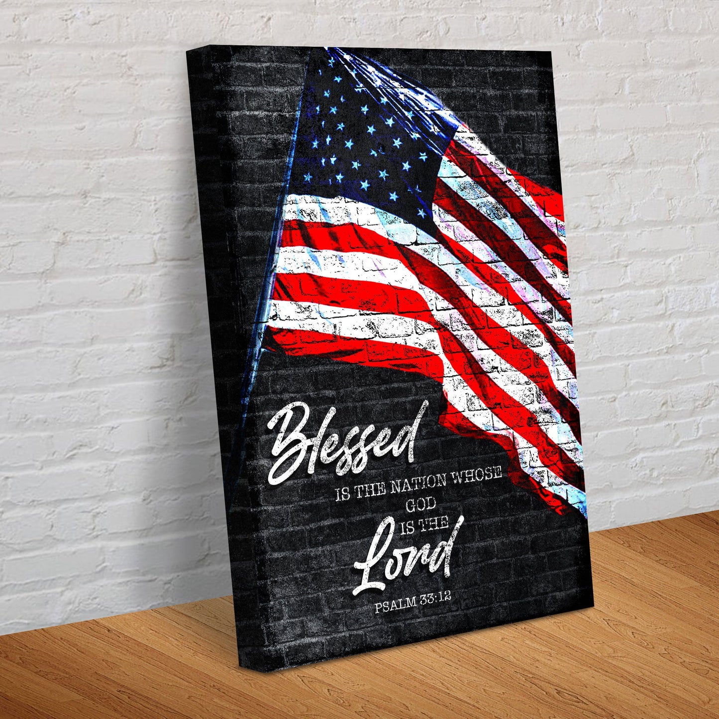 Canvas sign Psalm 33:12 Blessed Is The Nation with US flag on dark bg Tailored Canvases on Tampa Home & Garden Store