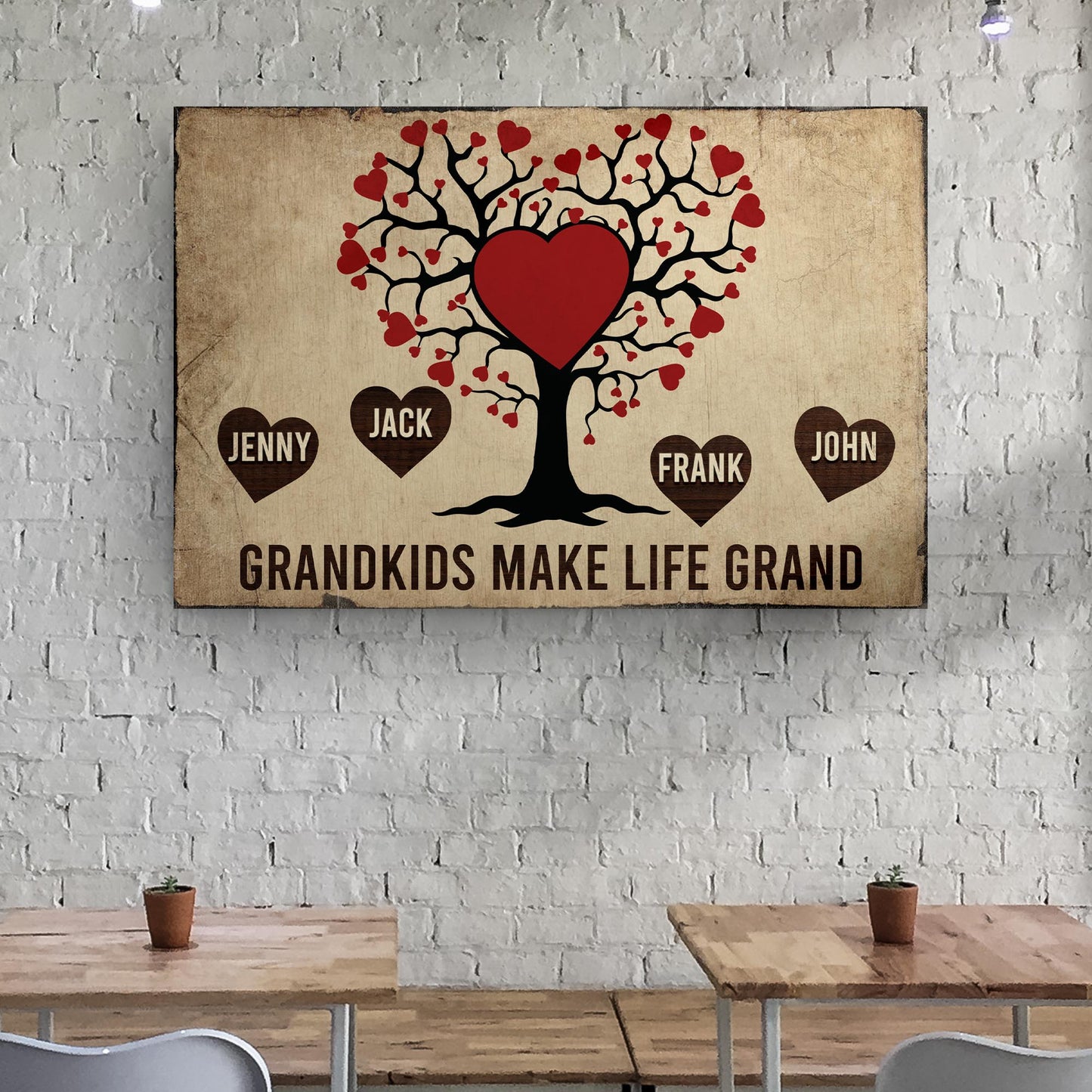 Grandkids Make Life Grand canvas sign Tailored Canvases; black tree with red heart leaves on Tampa Home & Garden Store