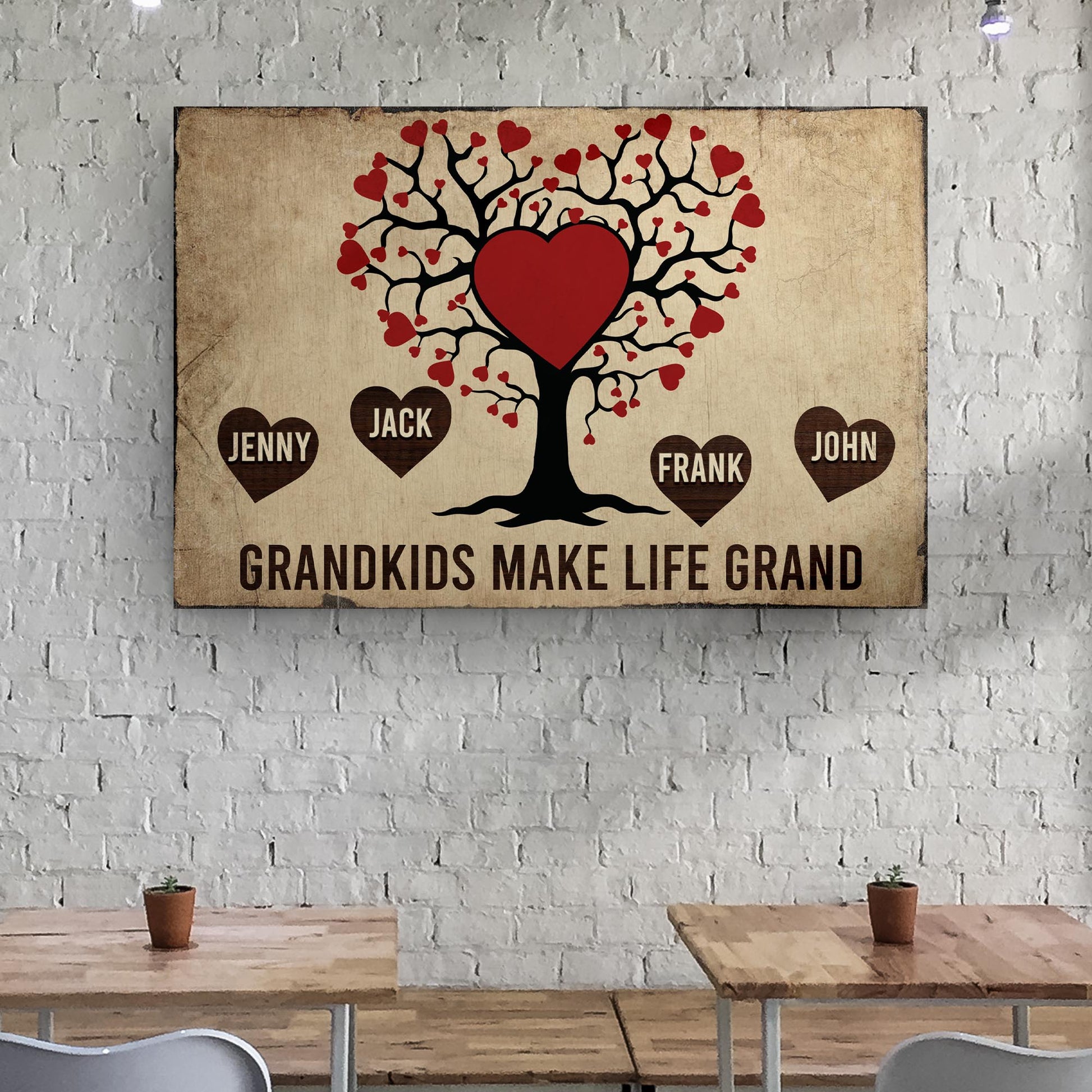 Grandkids Make Life Grand canvas sign Tailored Canvases; black tree with red heart leaves on Tampa Home & Garden Store