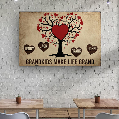 Grandkids Make Life Grand canvas sign Tailored Canvases; black tree with red heart leaves on Tampa Home & Garden Store