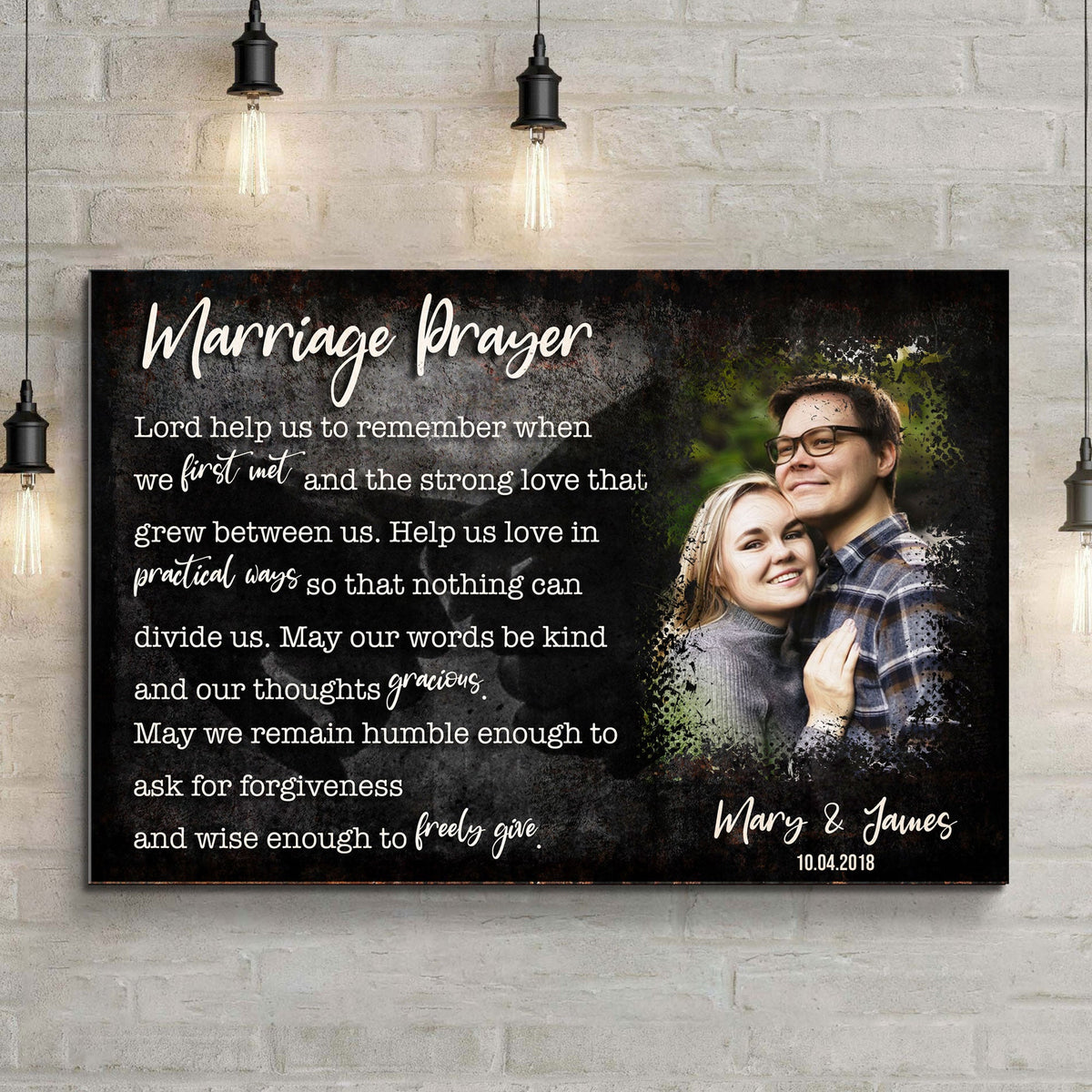 Marriage Prayer Couple Sign canvas black with white script and couple photo Tailored Canvases on Tampa Home & Garden Store