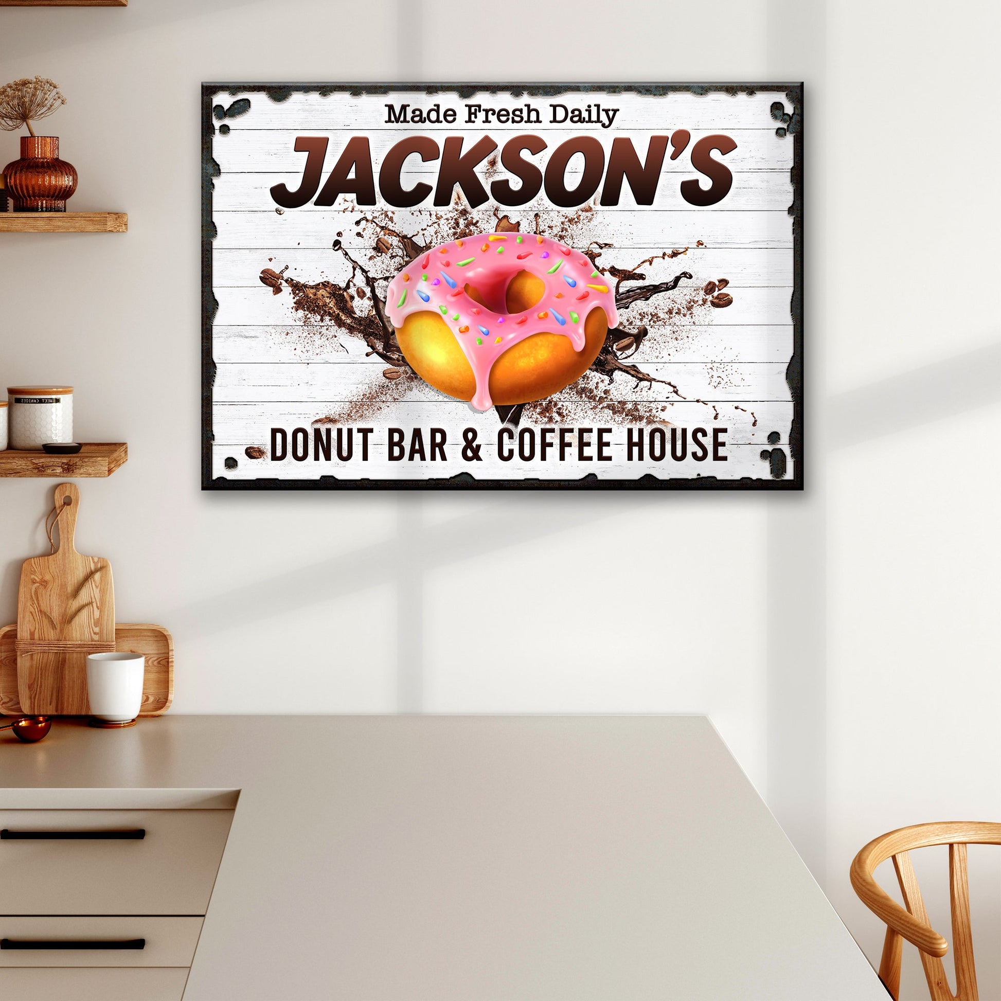 Canvas sign Donut Bar & Coffee House Made Fresh Daily with pink donut graphic on white rustic wood background on Tampa Home & Garden Store