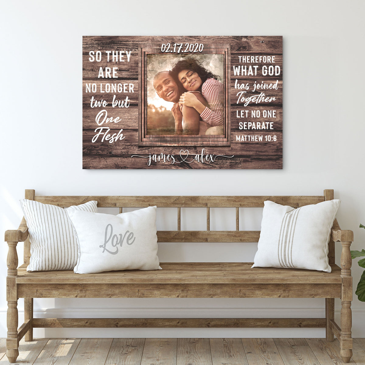 Canvas sign with rustic wood background, centered couple photo, Matthew 19:6, 02.17.2020 on Tampa Home & Garden Store