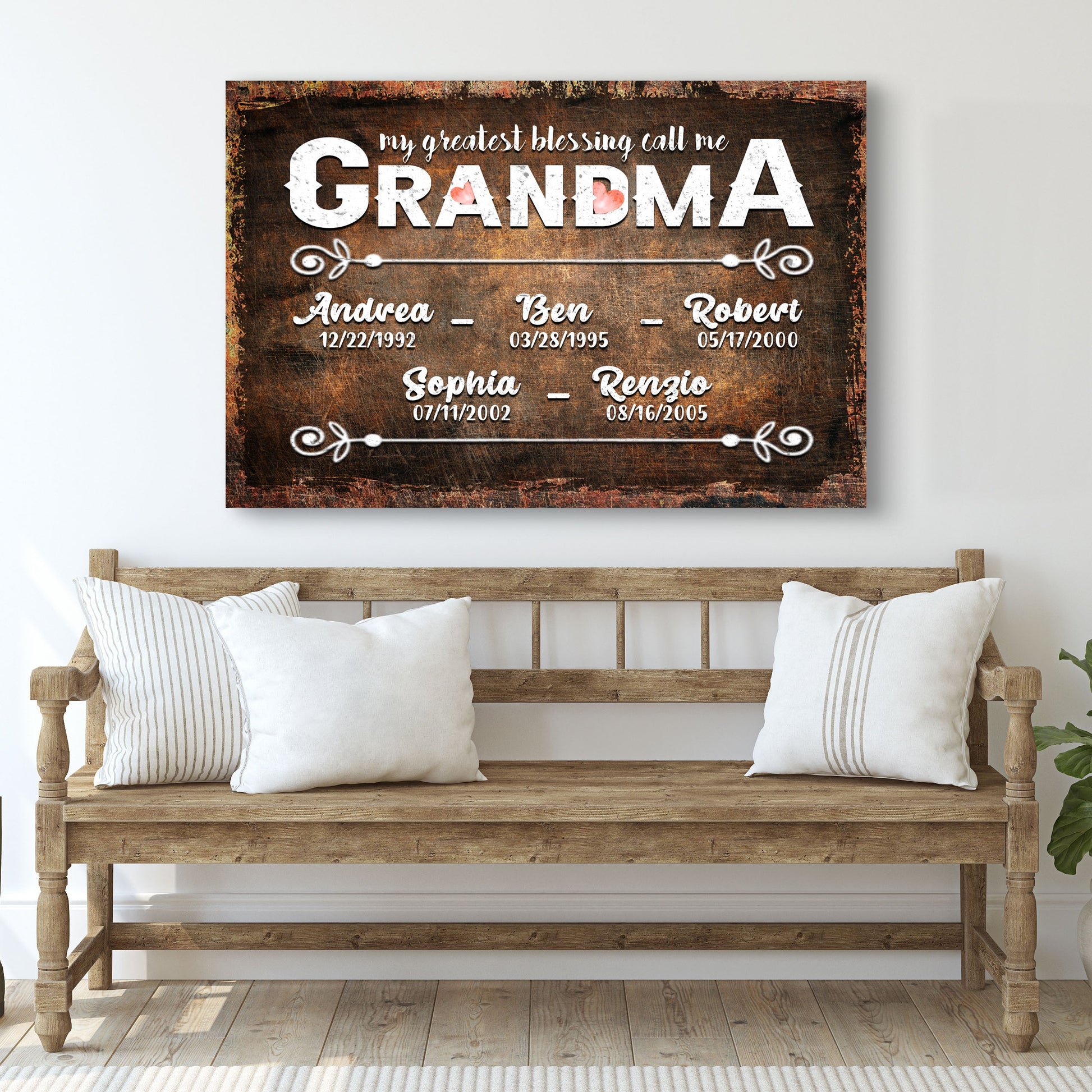 Canvas sign with rustic brown backdrop, bold GRANDMA text and decorative line on Tampa Home & Garden Store