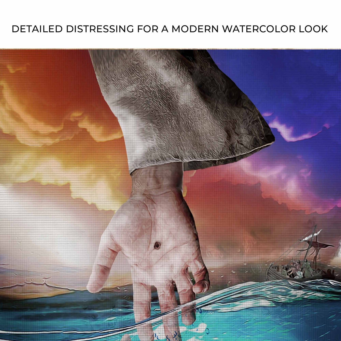 Hand Of God canvas wall art by Tailored Canvases with a raised hand against sunset and blue on Tampa Home & Garden Store