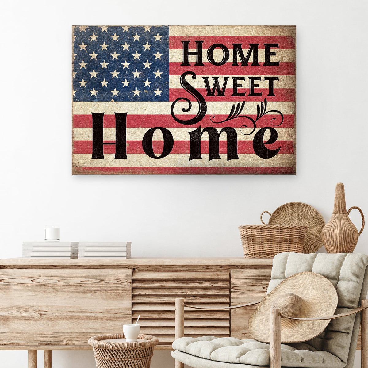 Home Sweet Home Sign IV canvas with distressed American flag backdrop by Tailored Canvases on Tampa Home & Garden Store