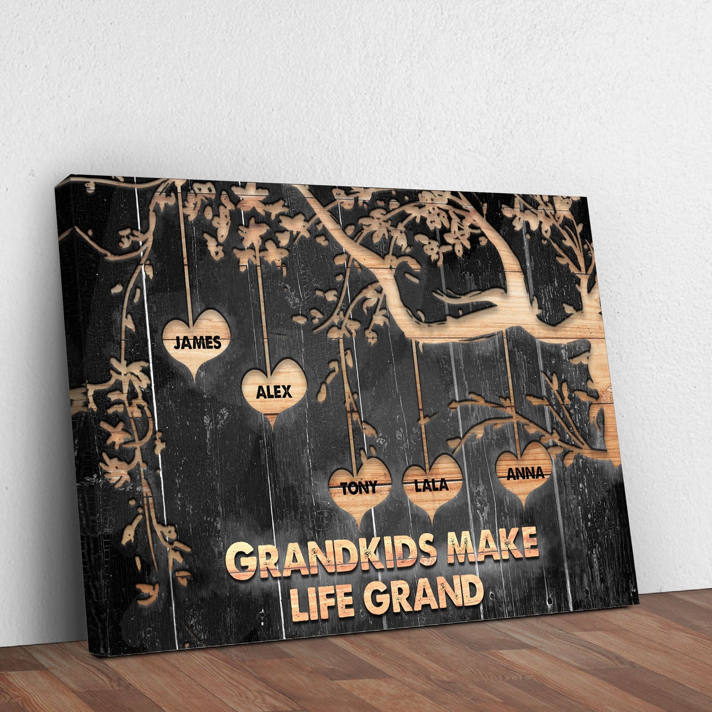 Grandkids Make Life Grand Sign II canvas by Tailored Canvases with name hearts on black wood on Tampa Home & Garden Store