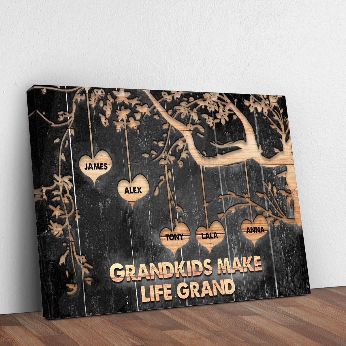 Grandkids Make Life Grand Sign II canvas by Tailored Canvases with name hearts on black wood on Tampa Home & Garden Store