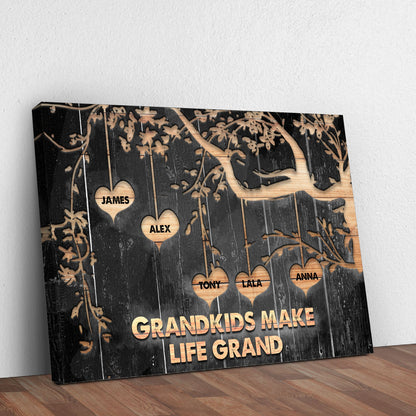 Grandkids Make Life Grand Sign II canvas by Tailored Canvases with name hearts on black wood on Tampa Home & Garden Store