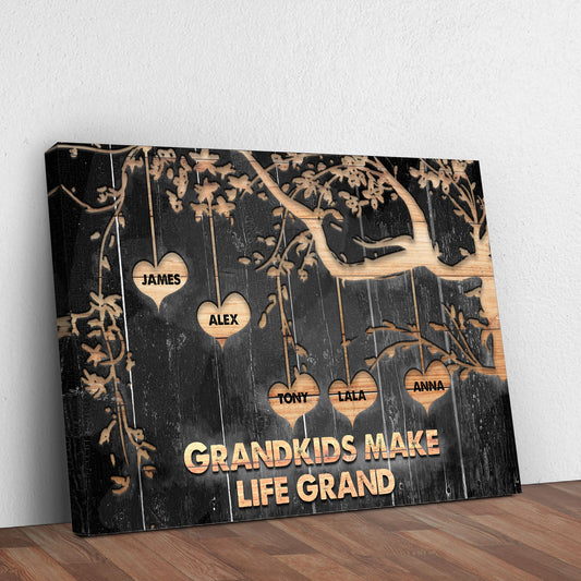 Grandkids Make Life Grand Sign II canvas by Tailored Canvases with name hearts on black wood on Tampa Home & Garden Store