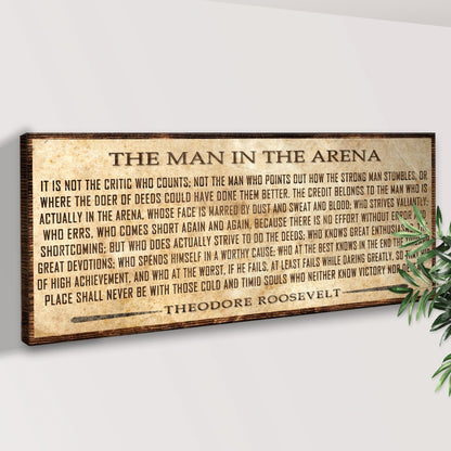 Canvas sign The Man In The Arena Sign V by Tailored Canvases with aged parchment on wood frame on Tampa Home & Garden Store
