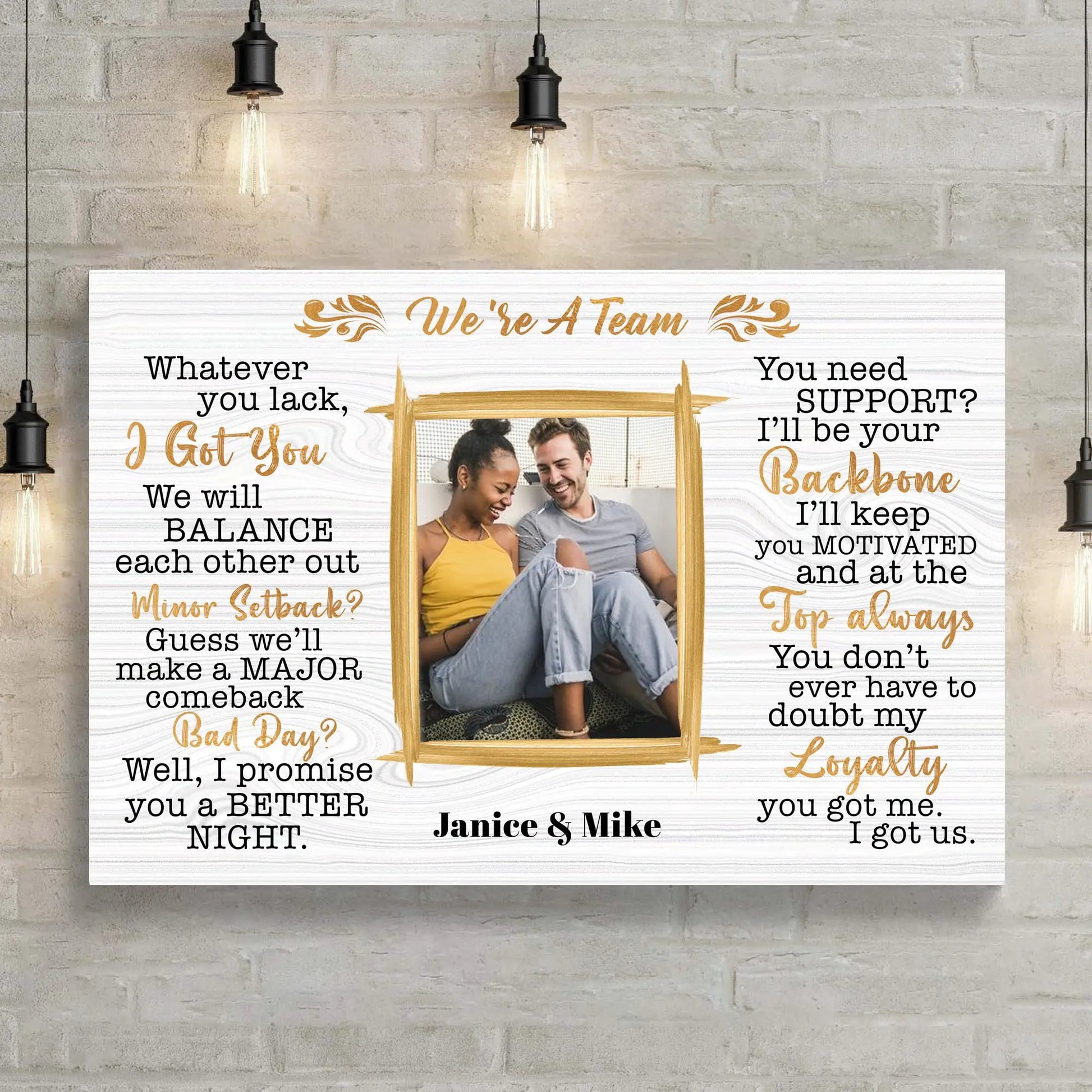 We're A Team IV canvas sign with whitewashed wood look and gold script Tailored Canvases on Tampa Home & Garden Store