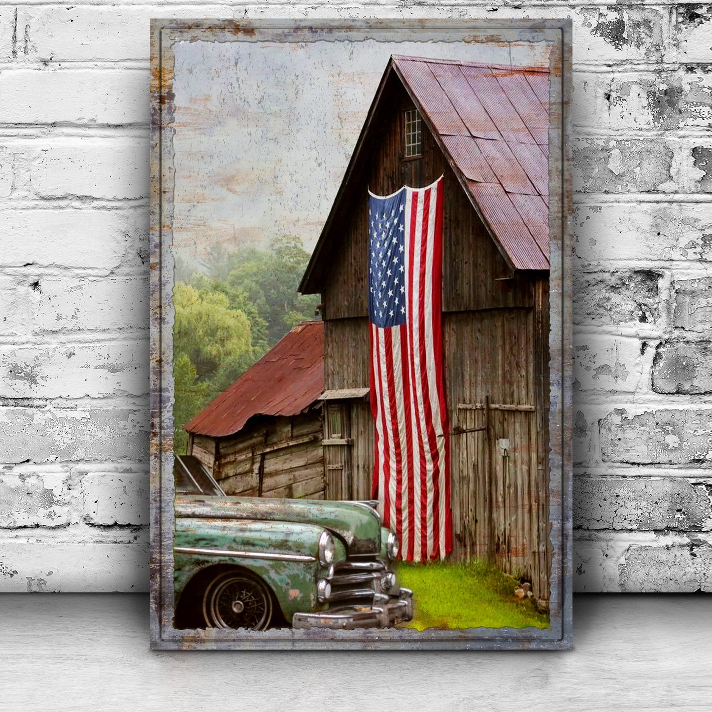 America Country Barn Canvas Wall Art rustic barn with red roof and American flag on Tampa Home & Garden Store