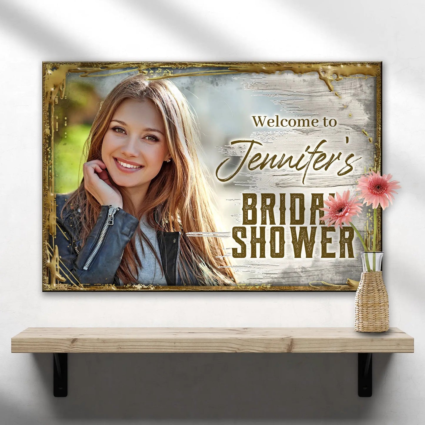 Welcome To The Bridal Shower Sign canvas by Tailored Canvases with distressed wood backdrop on Tampa Home & Garden Store