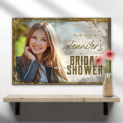 Welcome To The Bridal Shower Sign canvas by Tailored Canvases with distressed wood backdrop on Tampa Home & Garden Store