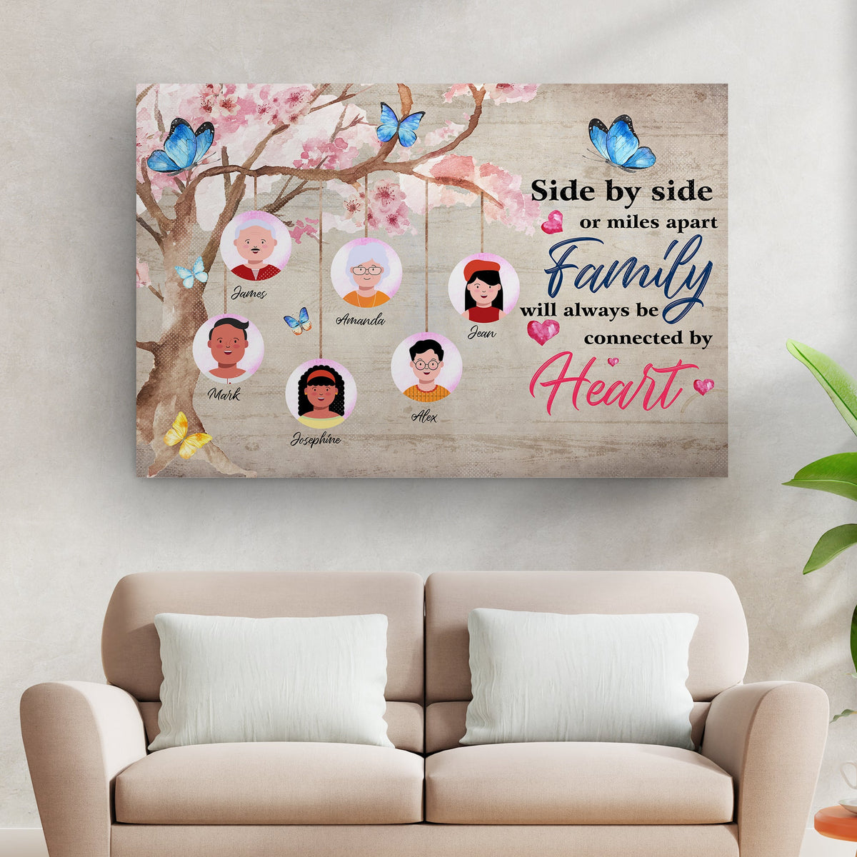 Family Will Always Be Connected By Heart II canvas by Tailored Canvases with blue butterflies on Tampa Home & Garden Store