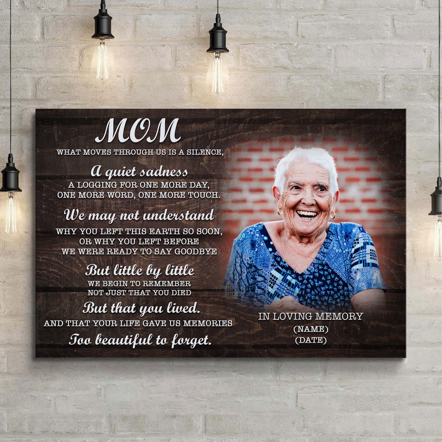 Mom You're Too Beautiful To Forget canvas by Tailored Canvases with white script on wood on Tampa Home & Garden Store
