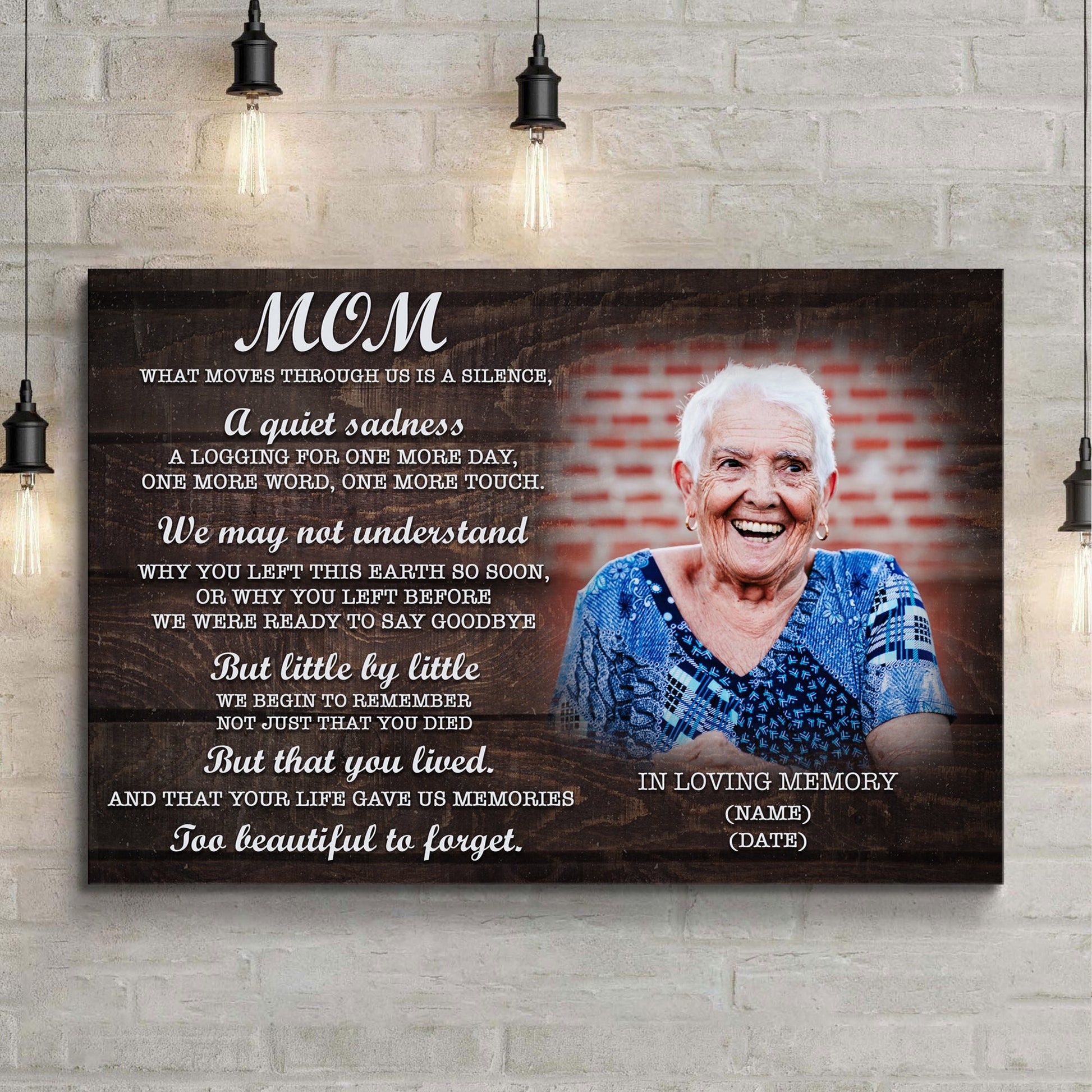 Mom You're Too Beautiful To Forget canvas by Tailored Canvases with white script on wood on Tampa Home & Garden Store