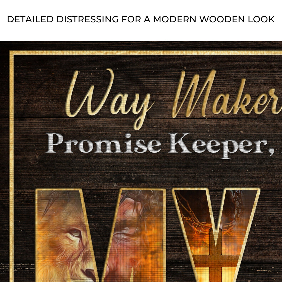 My God Way Maker Miracle Worker Sign canvas by Tailored Canvases with woodgrain panel on Tampa Home & Garden Store