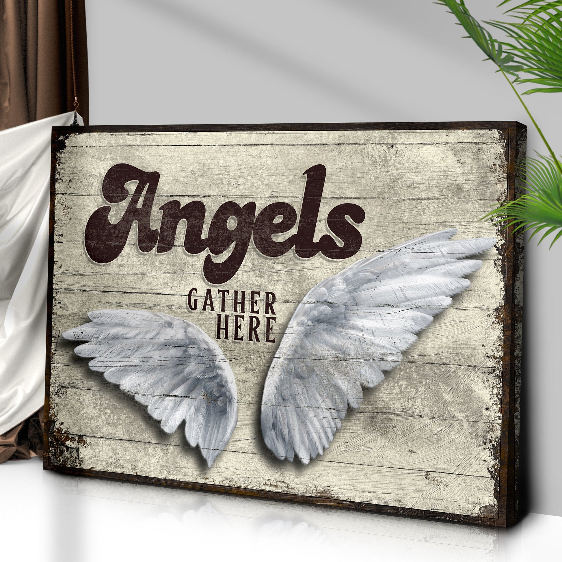 Angels Gather Here II canvas sign by Tailored Canvases distressed wood with white feathers on Tampa Home & Garden Store